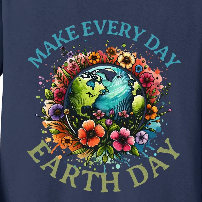 Earth Day Every Day Groovy Retro 70s Earth Day Kids Long Sleeve Shirt