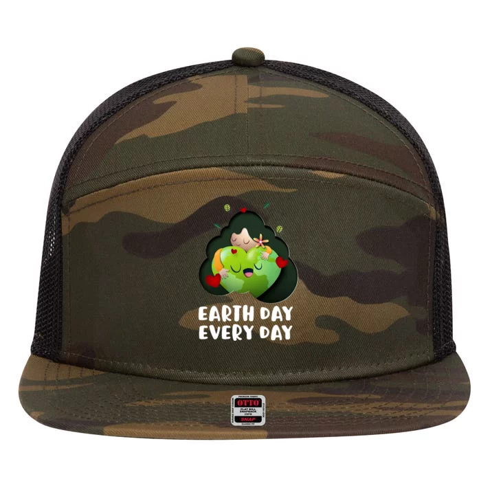 Earth Day Every Day Girl Hugging Globe Save The Planet 7 Panel Mesh Trucker Snapback Hat