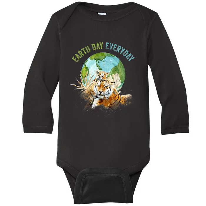 Earth Day Everyday Mama Tiger Watercolor Planet And Animals Baby Long Sleeve Bodysuit