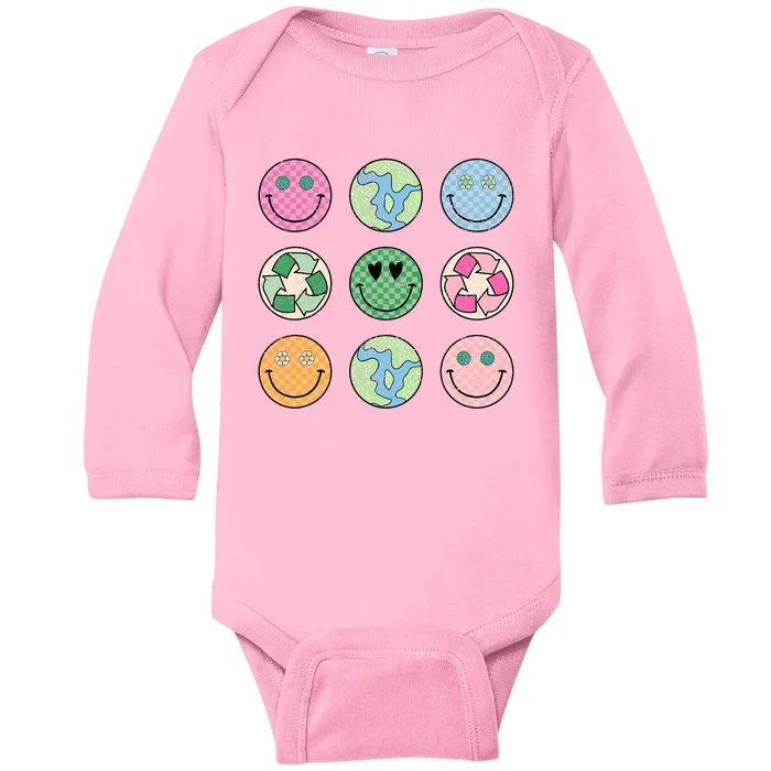 Earth Day Everyday Groovy Face Recycle Save Our Planet Baby Long Sleeve Bodysuit