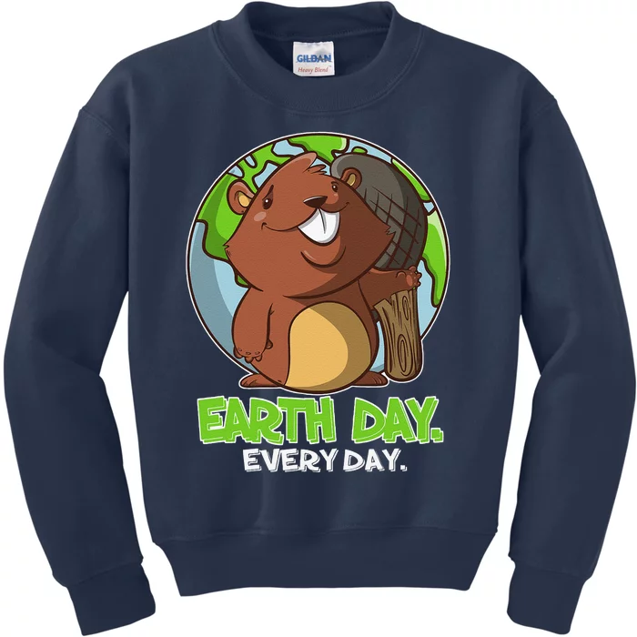 Earth Day Every Day Cute Planet And Beaver Kids Sweatshirt