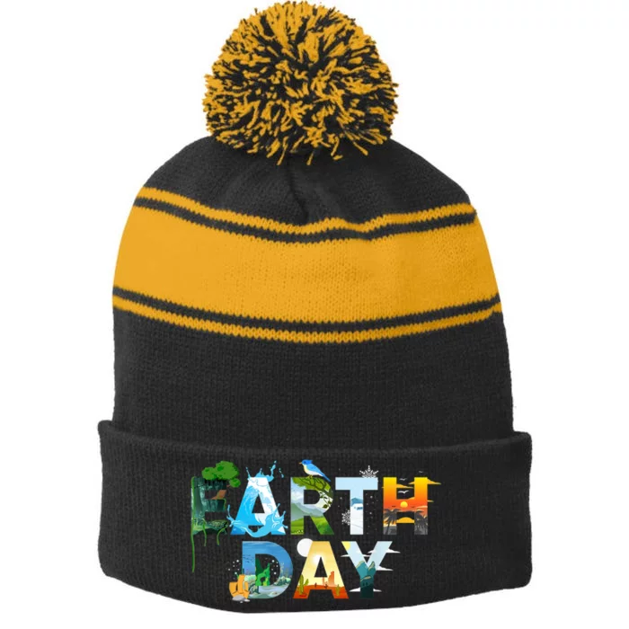 Earth Day Environmental Protection Save Tree & Animals Stripe Pom Pom Beanie