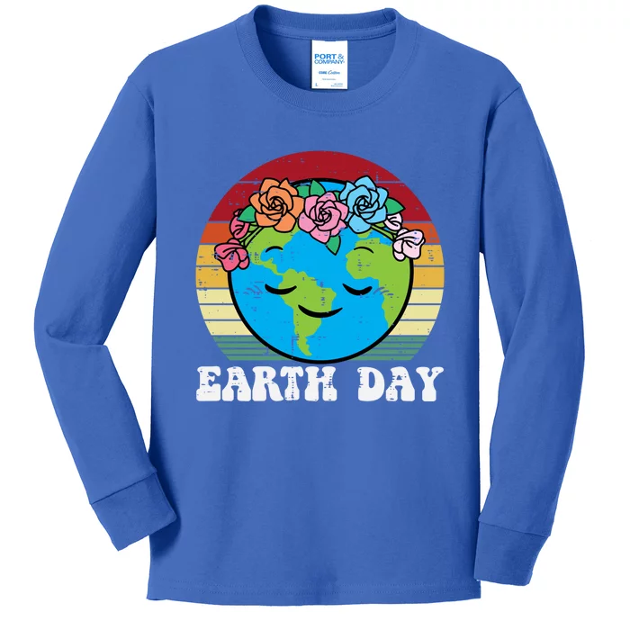 Earth Day Flowers Head Sunset Retro Gift Kids Long Sleeve Shirt