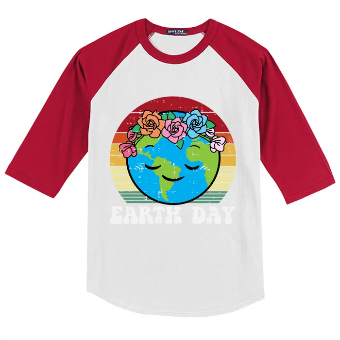 Earth Day Flowers Head Sunset Retro Gift Kids Colorblock Raglan Jersey