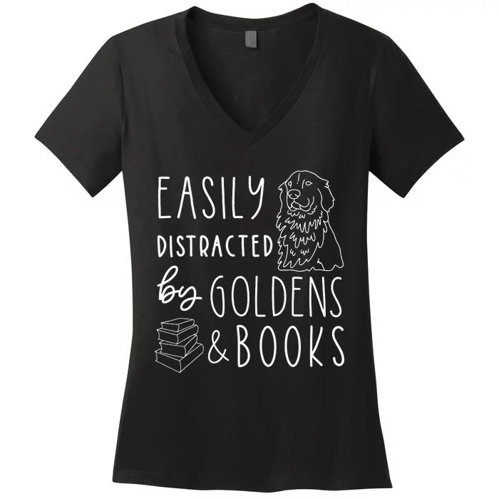 Easily Distracted Golden Retrievers & Books Dog Lover Women's V-Neck T-Shirt