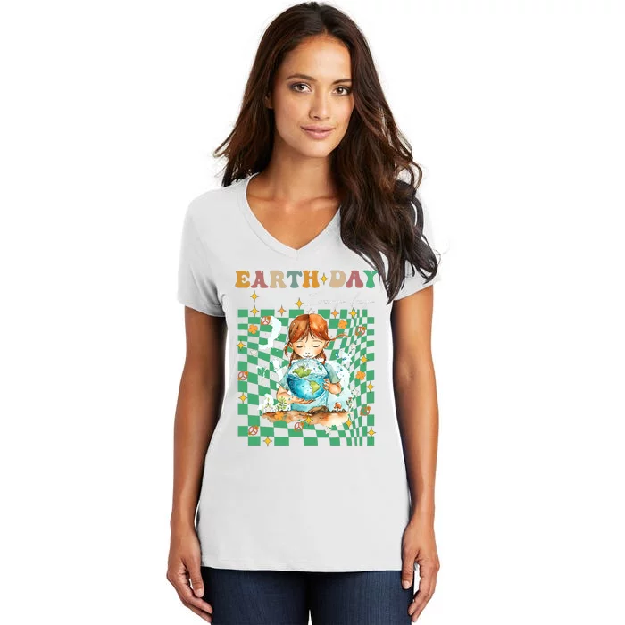 Earth Day Go Planet ItS Your Earth Day Groovy Women's V-Neck T-Shirt