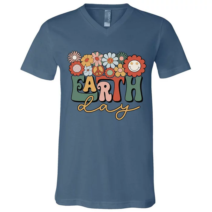 Earth Day Groovy Flower Lover Planet World Environmental V-Neck T-Shirt