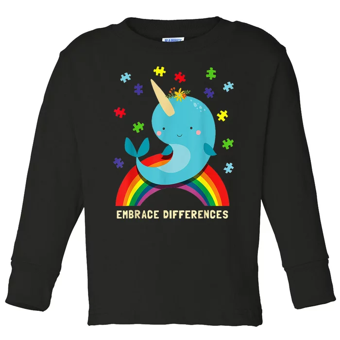 Embrace Differences Narwhal Puzzle Autism support Toddler Long Sleeve Shirt