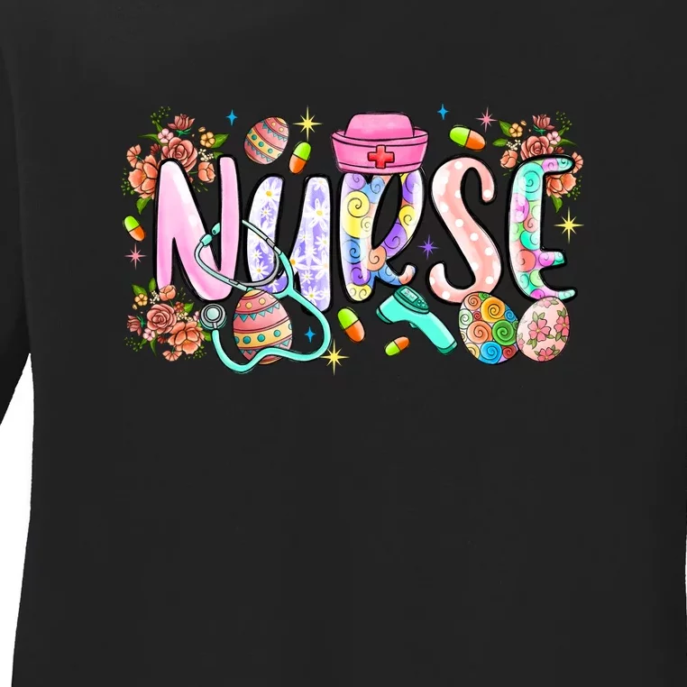 Easter Day Nurse Stethoscope Gift Easter Egg Floral Ladies Long Sleeve Shirt