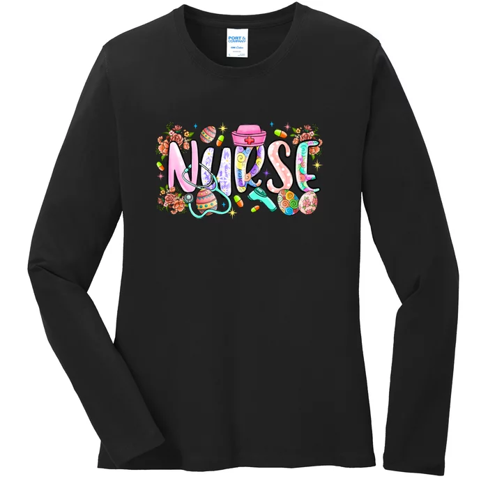 Easter Day Nurse Stethoscope Gift Easter Egg Floral Ladies Long Sleeve Shirt