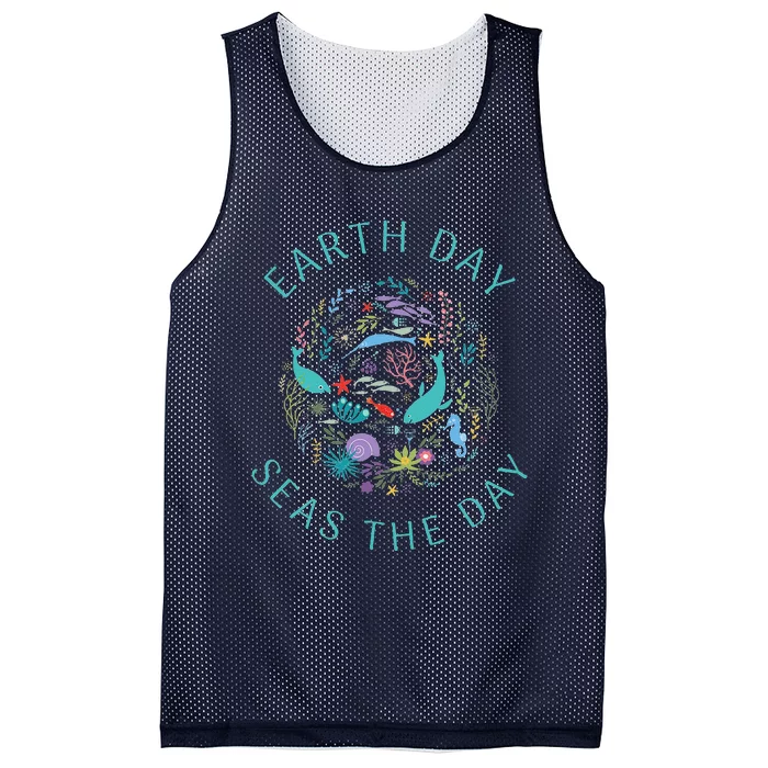 Earth Day Pun Seas The Day Sea Marine Life Whimsical Doodle Mesh Reversible Basketball Jersey Tank