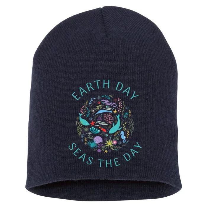 Earth Day Pun Seas The Day Sea Marine Life Whimsical Doodle Short Acrylic Beanie