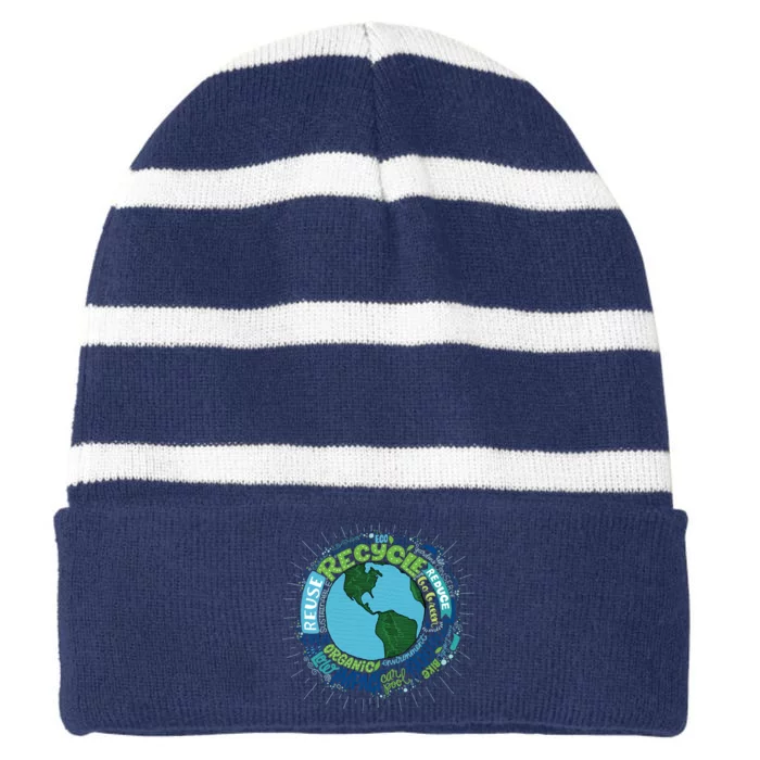 Earth Day Recycle Globe Striped Beanie with Solid Band