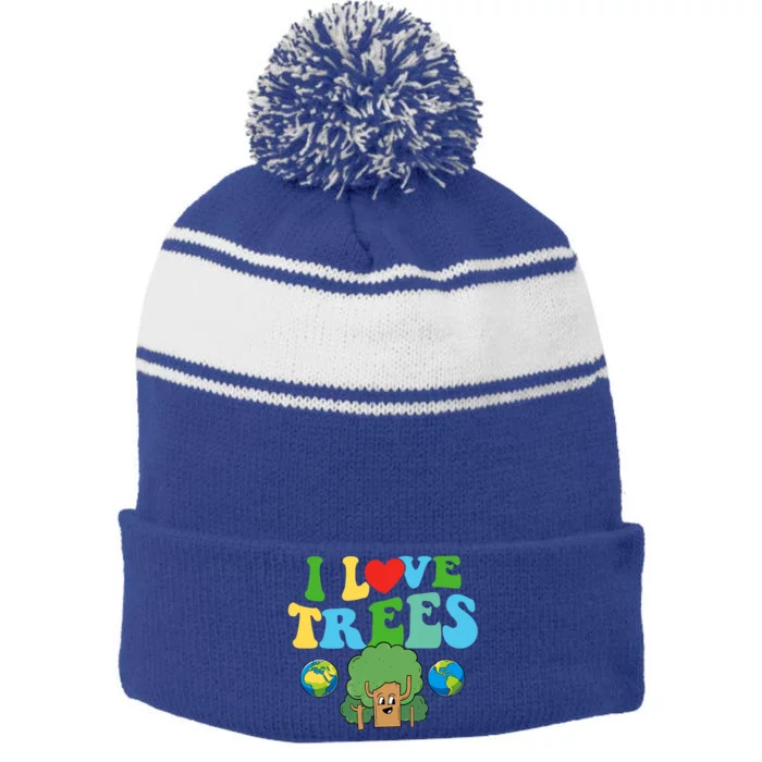 Earth Day Retro Groovy I Heart Trees Environt Gift Stripe Pom Pom Beanie