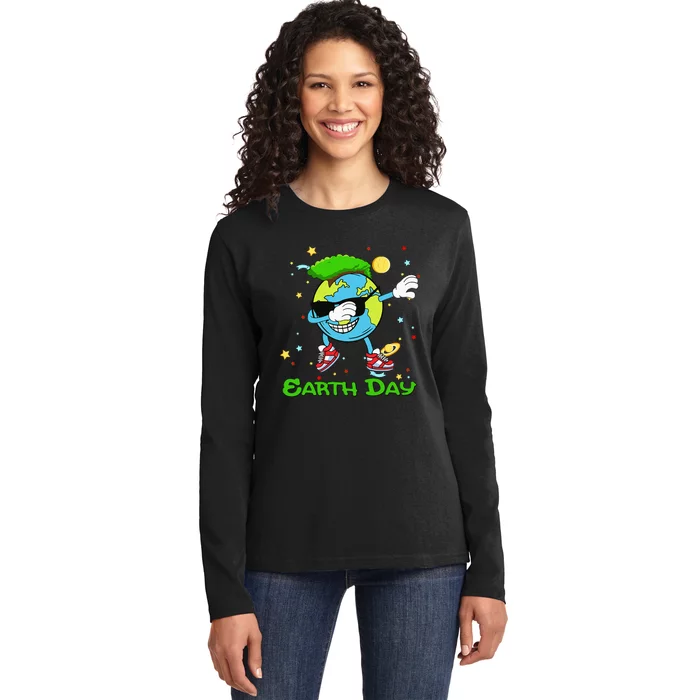 Earth Day Save The Dabbing Earth Stars And Planets Ladies Long Sleeve Shirt