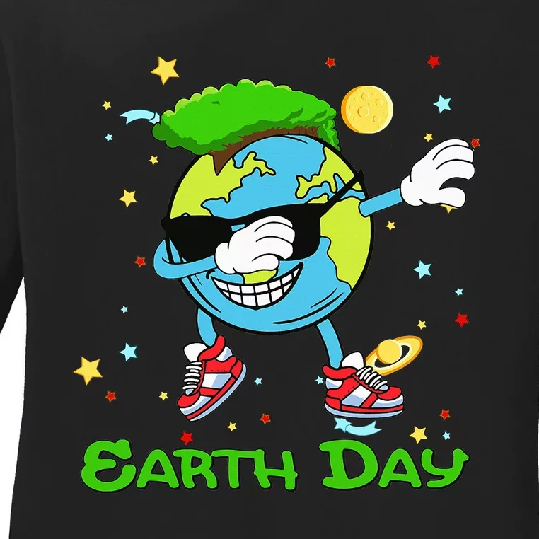 Earth Day Save The Dabbing Earth Stars And Planets Ladies Long Sleeve Shirt