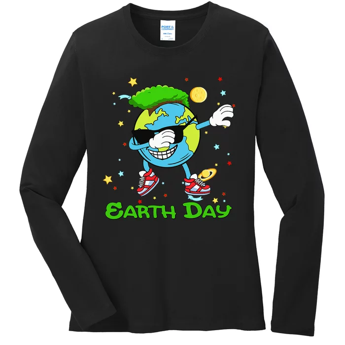 Earth Day Save The Dabbing Earth Stars And Planets Ladies Long Sleeve Shirt