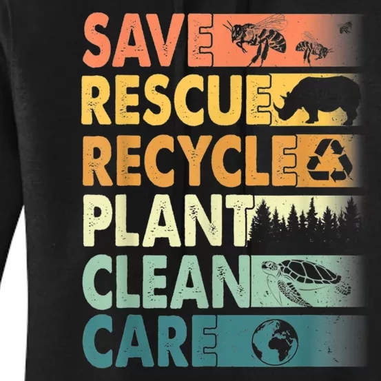 Earth Day Save Bees Rescue Animals Recycle Plastics Retro Women's Pullover Hoodie