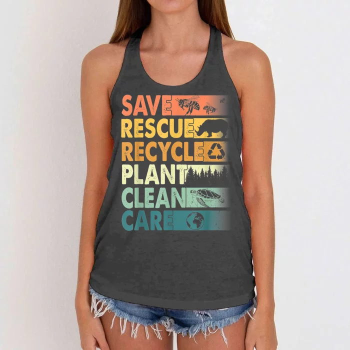 Earth Day Save Bees Rescue Animals Recycle Plastics Retro Women's Knotted Racerback Tank