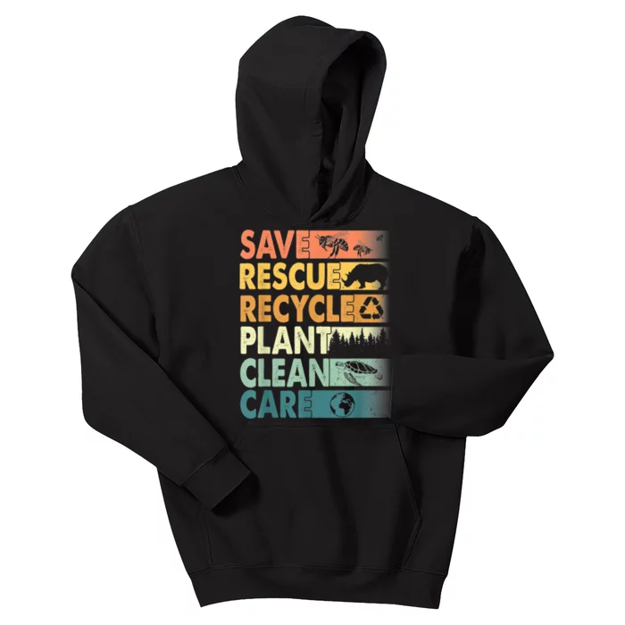 Earth Day Save Bees Rescue Animals Recycle Plastics Retro Kids Hoodie