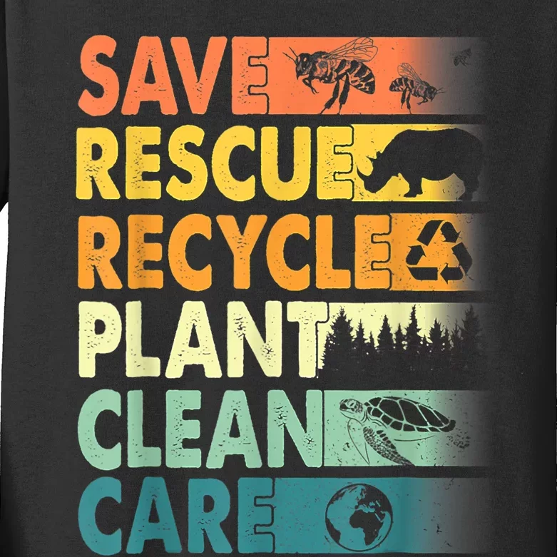 Earth Day Save Bees Recycle Plastics Rescue Animals Kids Long Sleeve Shirt