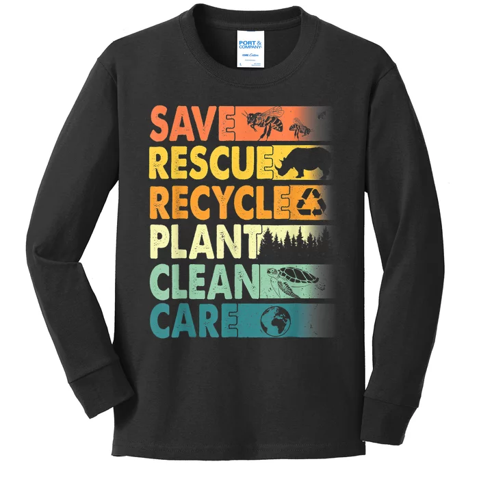 Earth Day Save Bees Recycle Plastics Rescue Animals Kids Long Sleeve Shirt