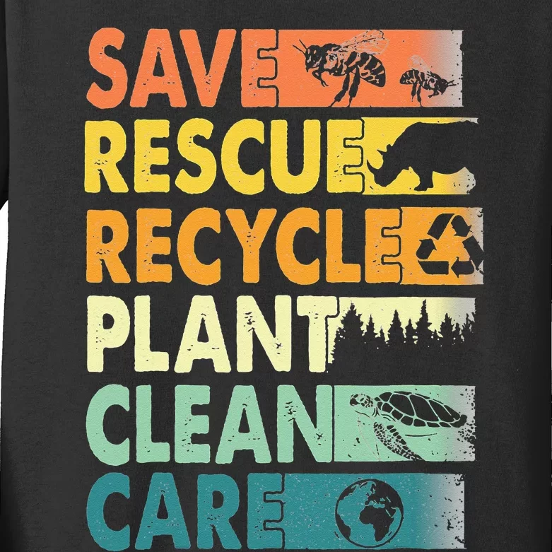 Earth Day Save Bees Recycle Plastics Rescue Animals Kids Long Sleeve Shirt