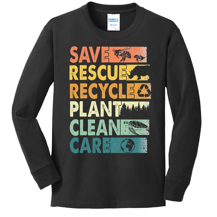 Earth Day Save Bees Rescue Animals Recycle Plastics Kids Long Sleeve Shirt