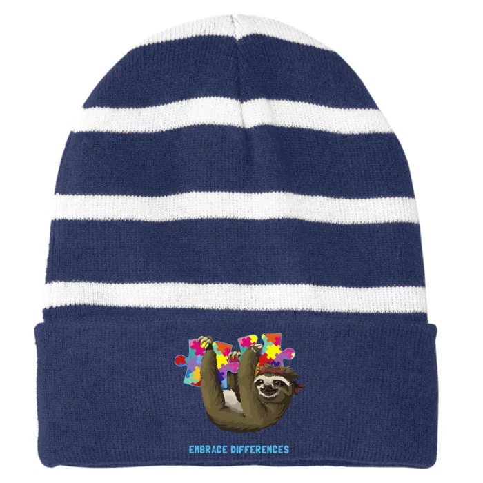 Embrace Differences Sloth Autism Awareness Striped Beanie with Solid Band