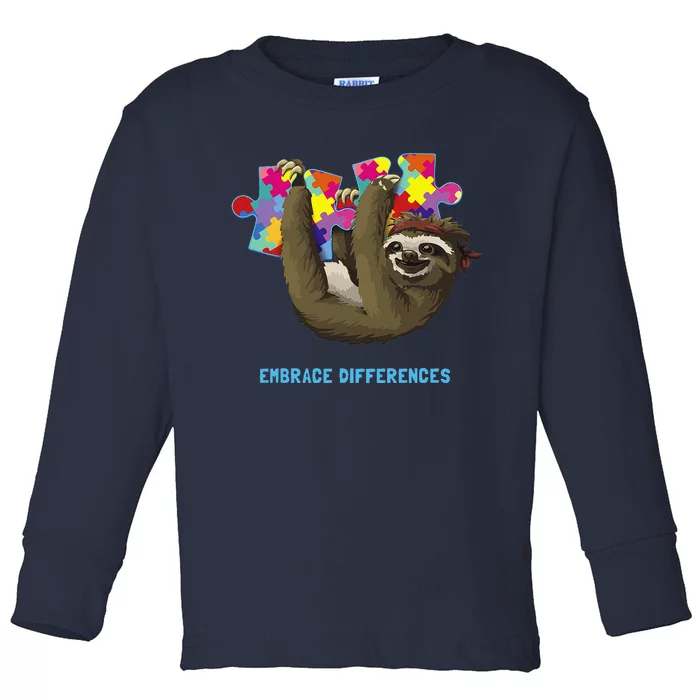 Embrace Differences Sloth Autism Awareness Toddler Long Sleeve Shirt