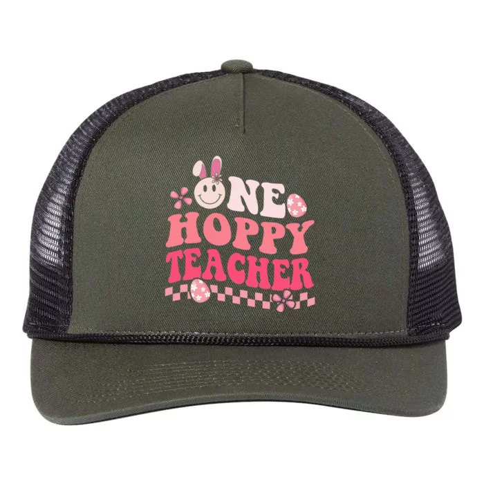 Easter Day Teacher Groovy One Hoppy Teacher Retro Rope Trucker Hat Cap