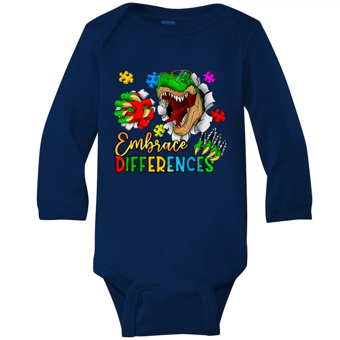 Embrace Differences T Rex Autism Design Baby Long Sleeve Bodysuit