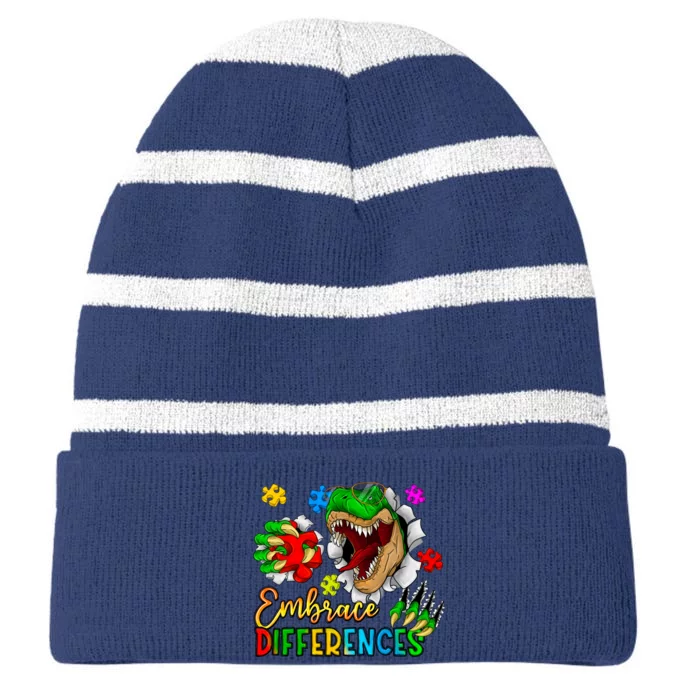 Embrace Differences T Rex Autism Design Striped Beanie with Solid Band