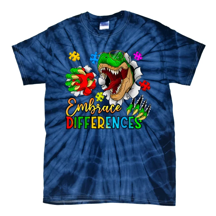 Embrace Differences T Rex Autism Design Tie-Dye T-Shirt