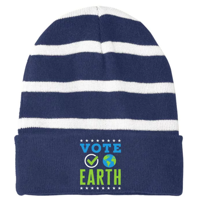 Earth Day Vote Earth Planet Environmental Awareness Striped Beanie with Solid Band