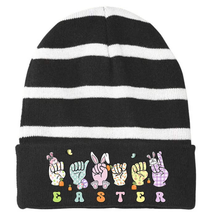 Easter Eggs Bunny Rabbit Happy Easter Sign Language ASL Striped Beanie with Solid Band