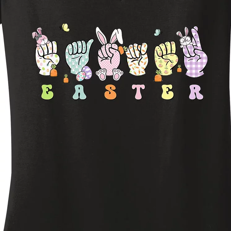 Easter Eggs Bunny Rabbit Happy Easter Sign Language ASL Women's V-Neck T-Shirt