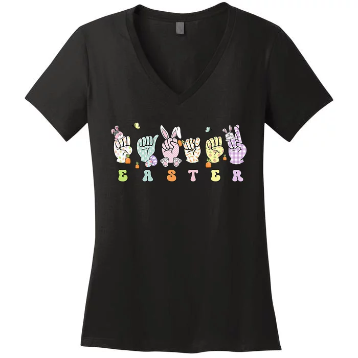 Easter Eggs Bunny Rabbit Happy Easter Sign Language ASL Women's V-Neck T-Shirt