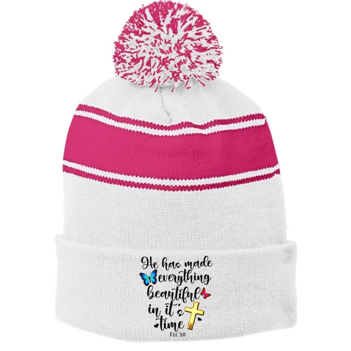 Ecclesiastes Ecc Bible Verse Watercolor Butterfly Funny Cute Gift Stripe Pom Pom Beanie