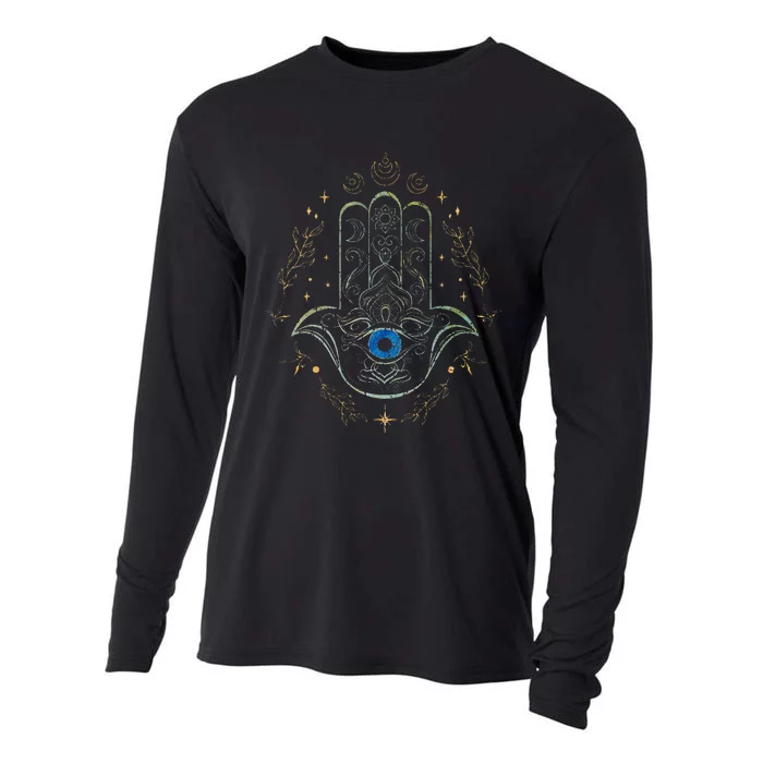 Evil Eye Hamsa Hand Nazar Amulet Protection Celestial Yoga Cooling Performance Long Sleeve Crew