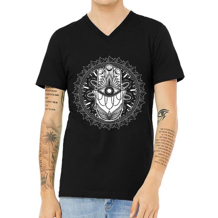 Evil Eye Hamsa Hand Mandala Yoga Meditation Spiritual V-Neck T-Shirt