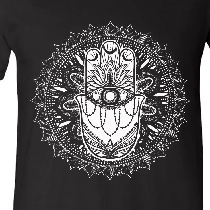 Evil Eye Hamsa Hand Mandala Yoga Meditation Spiritual V-Neck T-Shirt