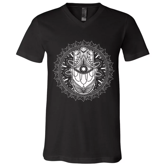 Evil Eye Hamsa Hand Mandala Yoga Meditation Spiritual V-Neck T-Shirt