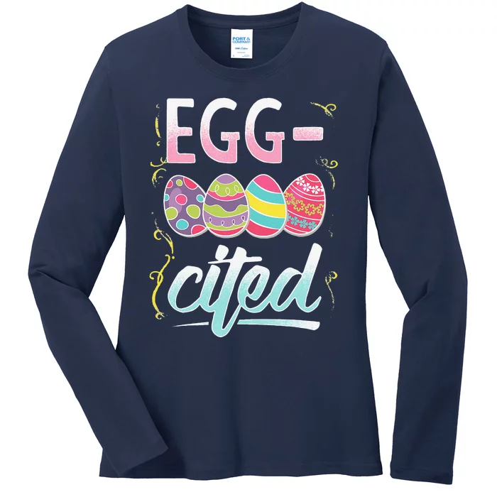 EggCited Easter Party Colorful Confetti Celebrate Ladies Long Sleeve Shirt