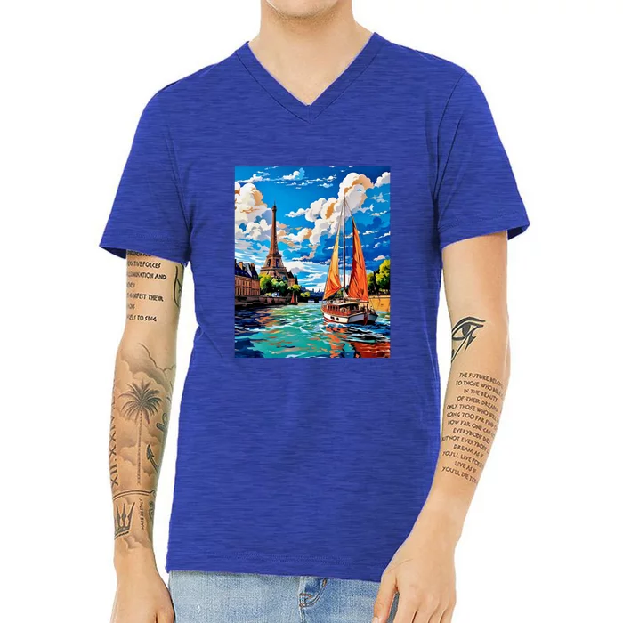 Eiffel Elegance: Parisian Riverview Watercolor Delight V-Neck T-Shirt