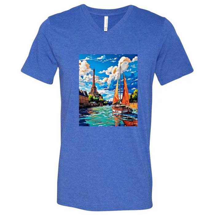 Eiffel Elegance: Parisian Riverview Watercolor Delight V-Neck T-Shirt