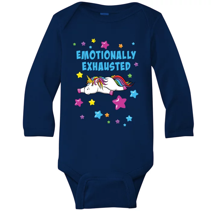 Emotionally Exhausted Tired Unicorn With Stars Gift Baby Long Sleeve Bodysuit