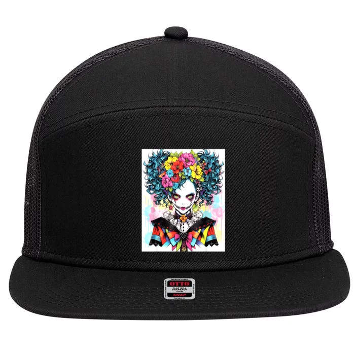 Elegant Edge: Vibrant Rebellious Design With Floral Accents 7 Panel Mesh Trucker Snapback Hat