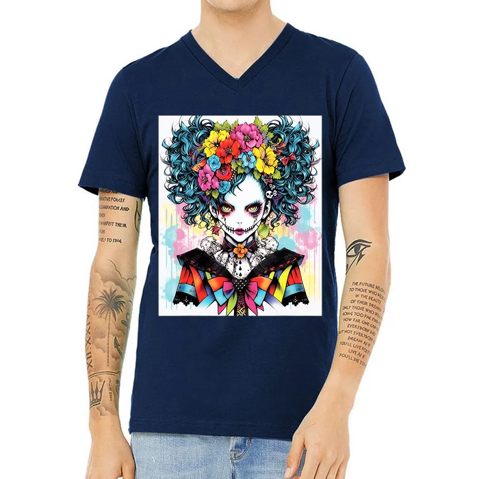 Elegant Edge: Vibrant Rebellious Design With Floral Accents V-Neck T-Shirt