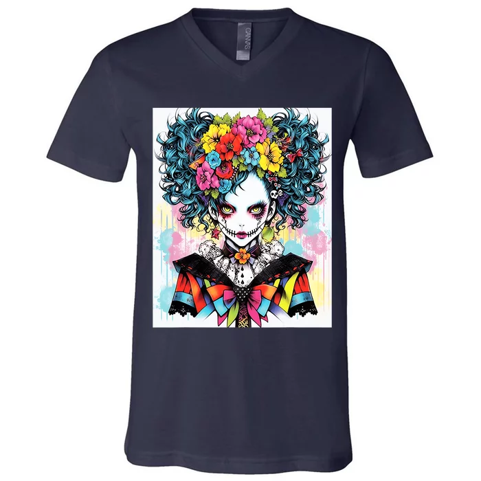 Elegant Edge: Vibrant Rebellious Design With Floral Accents V-Neck T-Shirt